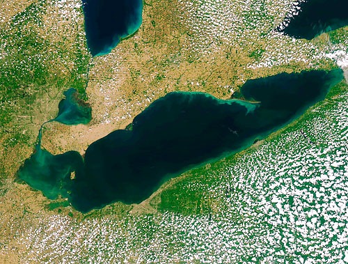 The Lake Erie algae problem can be seen clearly through satellite imagery such as this.
