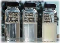 physical sensors / Water samples with 5, 50, and 500 NTU of turbidity highlight the effect of increasing turbidity on the cloudiness of water. High turbidity can be harmful to lake ecosystems.