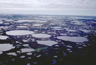 Figure 12: Thermokarst lakes in Manitoba, Canada reveal a warming climate as permafrost melts to form new lakes. (Image from 9.) clip_image024