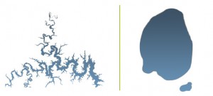 Figure 2: The shoreline characteristics of lakes can vary dramatically. Here, the shape differences also highlight differences in the origins of the lakes. Compare the jagged shoreline of the reservoir on the left with the smooth shoreline of the natural lake on the right. Reservoirs can have a jagged shoreline because they often consist of flooded river valleys. (Modified from 5.) lake shape / Figure 2: The shoreline characteristics of lakes can vary dramatically. Here, the shape differences also highlight differences in the origins of the lakes. Compare the jagged shoreline of the reservoir on the left with the smooth shoreline of the natural lake on the right. Reservoirs can have a jagged shoreline because they often consist of flooded river valleys. (Modified from 5.)