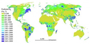 where are lakes / Figure 1: A map of the density of lakes (dL) between 1 and 10 km2 around the world shows that lakes tend to occur in specific regions around the world while other regions are largely devoid of lakes. (Image from 1.)