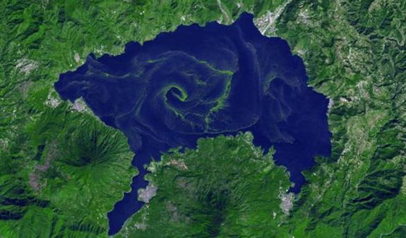 Lake Atitlán, as seen from space following a large blue-green algal bloom.