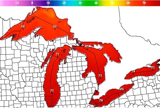 A map of Great Lakes temperatures (in Fahrenheit) from this morning generated by the National Weather Service.