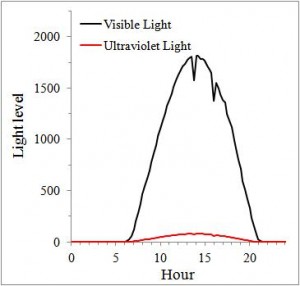 meteorological sensors / While both visible and ultraviolet light peak at about the same time every day, there is much less ultraviolet light than visible light. However, ultraviolet light can be very damaging to aquatic organisms just like it can cause skin cancer in humans. The difference between visible and ultraviolet light depends on the time of day and year, latitude, cloud cover and atmospheric aerosols.