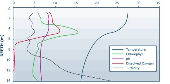 lake sensors / Using a combination of physical, chemical, biological, and meteorological sensors it is possible to develop a more complete understanding of lakes and how they function. For example, data from a reservoir in central Ohio use physical sensors, for parameters such as temperature and turbidity, chemical sensors, such as ones for dissolved oxygen and pH, and biological sensors such as a chlorophyll sensor. In addition, meteorological sensors (data not shown) are also used to understand how lakes and water quality are affected by factors such as precipitation and air temperature.