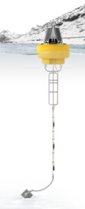A NexSens 450 surface data buoy with thermistor strings attached