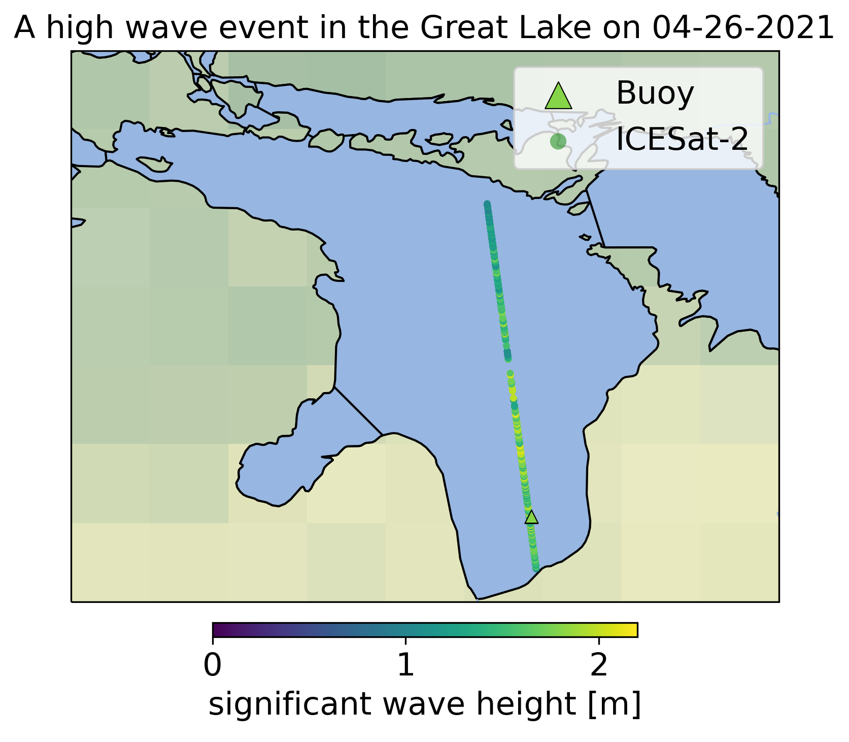 Figure 1 Significant wave height from a buoy and the satellite within Lake Huron on 4/26/2021