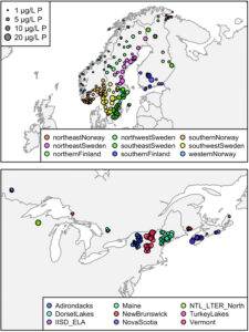 Map of sites showing regions (colors) and median Total Phosphorous concentrations for each lake in Fennoscandia (top) and North America (bottom). NTL_LTER_North denotes the north temperate lakes long-term ecological research lakes. IISD_ELA denotes the IISD Experimental Lakes are in Ontario 