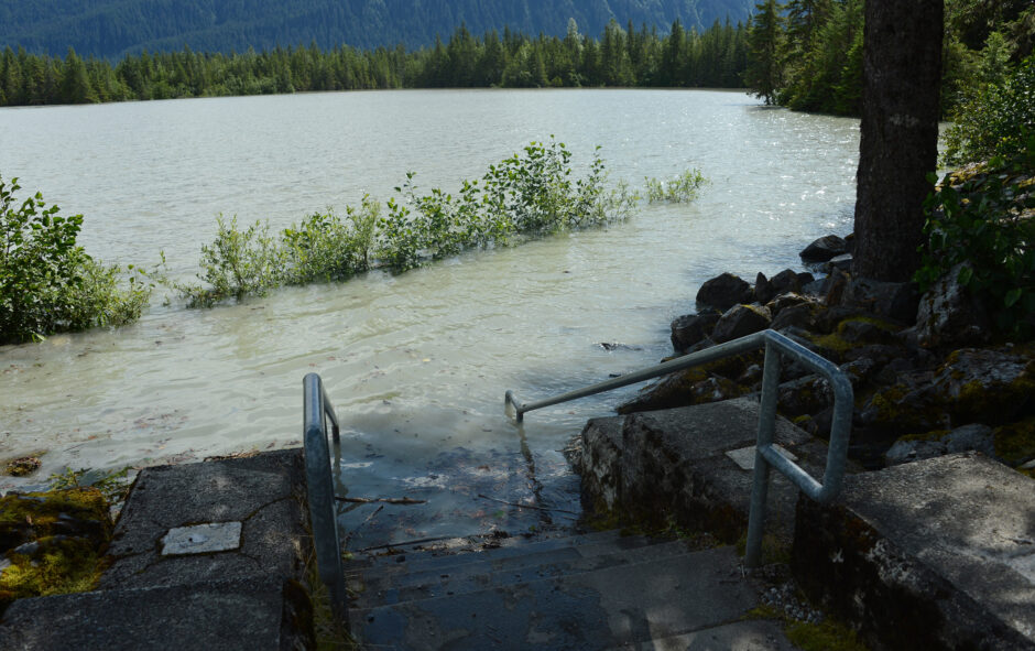 Mendenhall Lake in Juneau, Alaska rose above flood stage on Saturday, Aug. 1, 2020 amid a glacial outburst flood from Mendenhall Glacier.