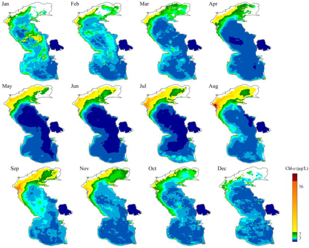 Figure depicting the spatial distribution of monthly mean concentration of chlorophyll-a (Chl-a) in the Caspian Sea from 2018 to 2021. 