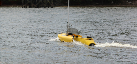 The ASV design used in this study traveling on Lake Wateree equipped with a YSI EXO2 sonde.