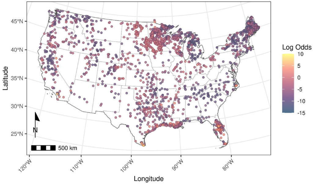 Map of the US with the lakes included in the forecasting study. Each is marked in a different color ranging from yellow to dark violent.