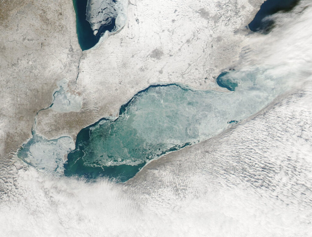 MODIS image of Lake Erie ice cover. February 6, 2009. Such physical climate-related shifts are commonly captured by satellite imagery.