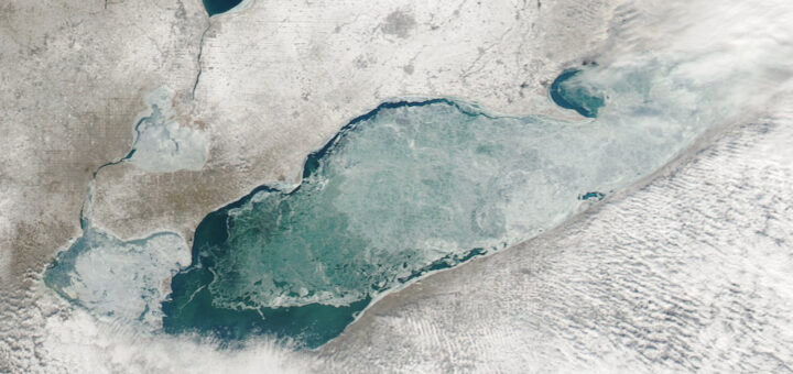 MODIS image of Lake Erie ice cover. February 6, 2009. Such physical climate-related shifts are easily captured by satellite imagery.