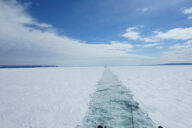 USCG Mackinaw in Lake Superior breaks a path in the ice for freighters travelling from Soo Locks. March 21, 2014. Understanding of Ice cover dynamics in lakes like this are an essential part of winter transport.