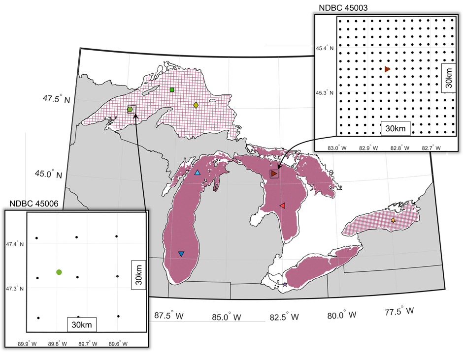 Figure 1. Representation of the Donelan wave model computational grids implemented on the Great Lakes. White areas within the lakes represent areas where the water depth is less than 16 m, per IEC guidelines. Zoomed-in plots show the model grid points as black dots. Colored symbols represent locations of Great Lakes NDBC buoys: Buoy 45006 (lime green circle), Buoy 45001 (green square), Buoy 45004 (yellow diamond), Buoy 45002 (light blue upright triangle), Buoy 45007 (dark blue upside-down triangle), Buoy 45003 (dark red triangle pointing to the right), Buoy 45008 (coral triangle pointing to the left), Buoy 45005 (purple five-pointed star), Buoy 45012 (yellow six-pointed star).
