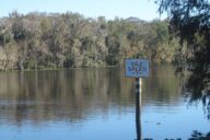 Sign indicating an "idle speed" or "o-wake zone for boaters on the St. Johns River in Astor, Florida, USA.