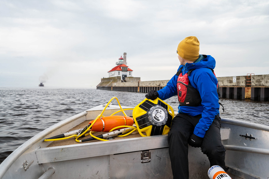 Craig Hill, Associate Professor in Mechanical Engineering at the University of Minnesota Duluth, heads out onto Lake Superior through the Duluth entry to deploy a Spotter Buoy. Observations help inform nearshore wave characteristics and wave energy availability near Duluth, MN.